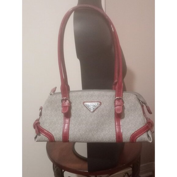 Prada Handbags - PRADA MILANO Gray Red Leather-Canvas Shoulder Bag Purse